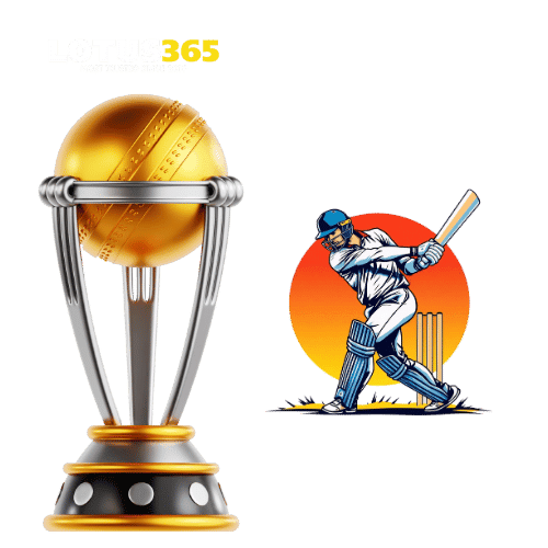 Cricket player in action beside championship trophy representing major cricket tournaments on Lotus365