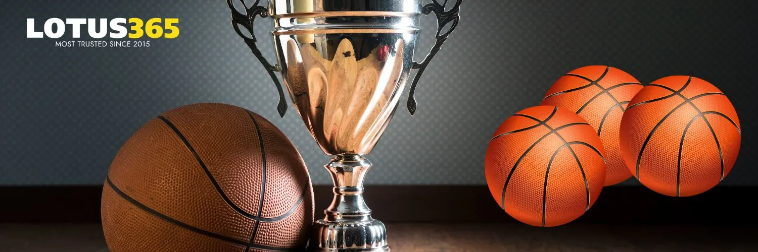 Basketball trophy with balls on both sides highlighting major basketball events on Lotus365