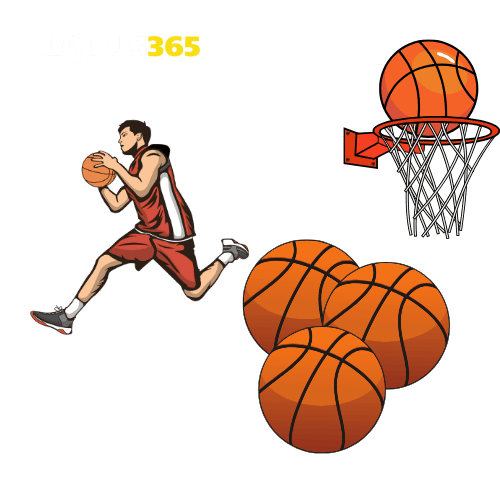Basketball player in motion with hoop and scattered balls highlighting basketball betting on Lotus365