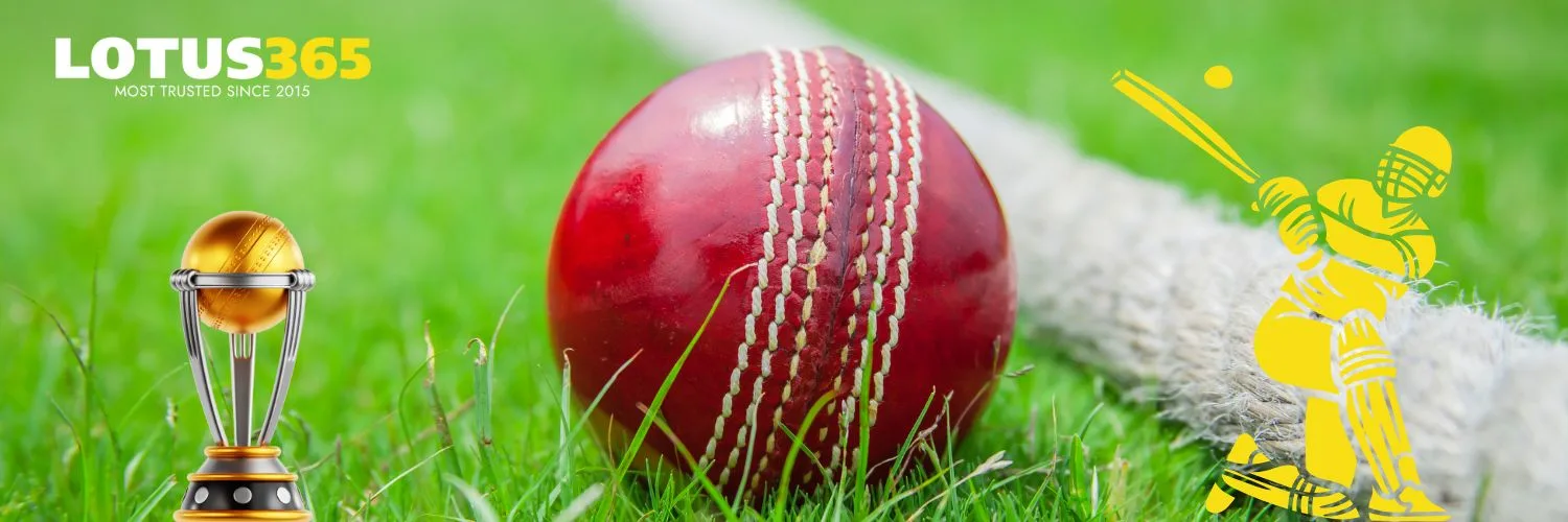 Cricket field background with trophy, ball, and player in action showcasing sports betting on Lotus365
